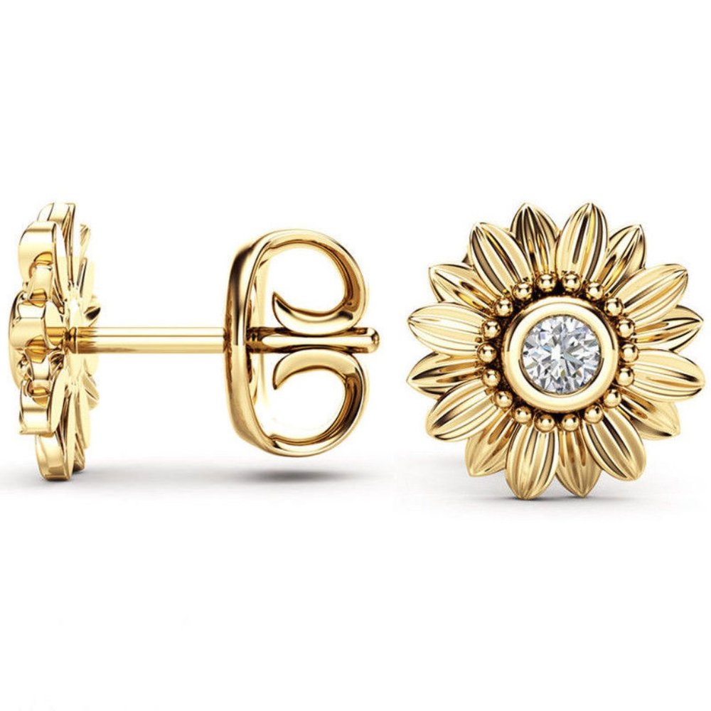 New Gold Sunflower Sapphire Stud Earrings - Picture 2 of 4